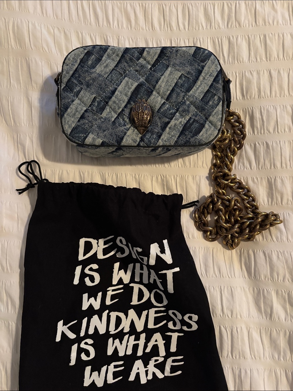 Kurt Geiger Blue Denim Woven Crossbody with Antique-Gold Chain